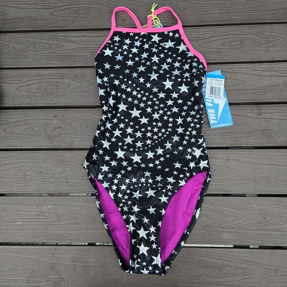 TYR The Finals Women Starbright Foil Swimsuit Wing back Black/silver Size 30 New - Picture 1 of 3